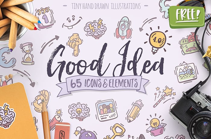 llustration showcasing the Good Idea Icon Pack, featuring 65 hand-drawn icons and elements, available for free exclusively to my newsletter subscribers.